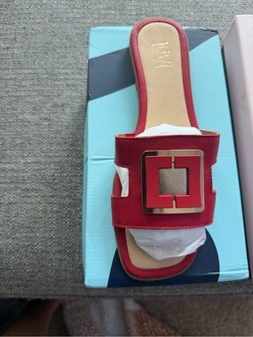 Red Slide Sandal with Decorative Square Accent